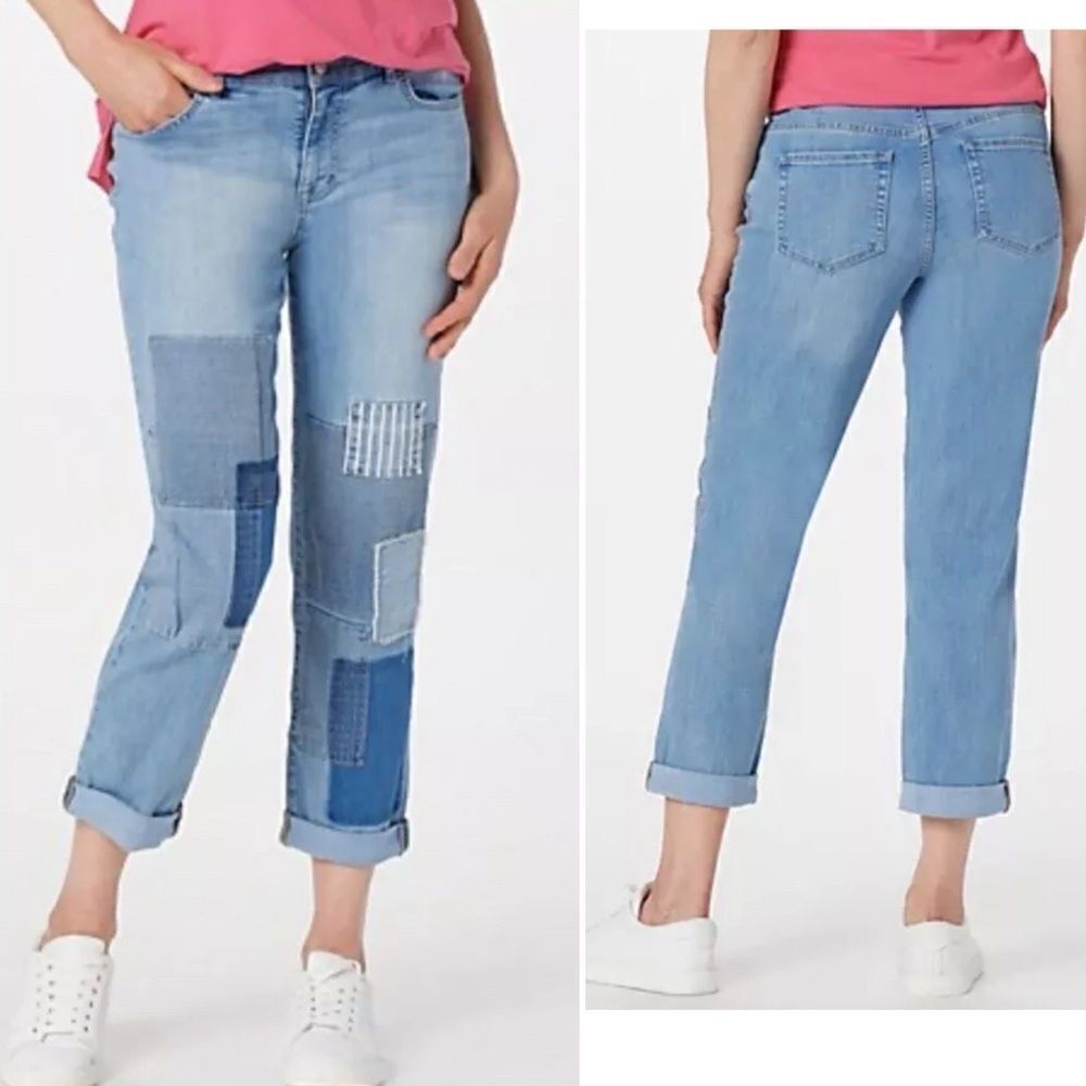 LOGO by LORI GOLDSTEIN Patchwork Boyfriend Cropped Jeans-8